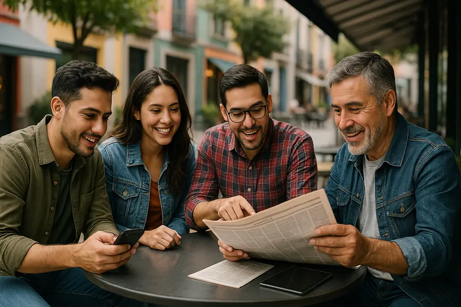 Cuatro personas sonríen mientras leen el periódico y su celular en una terraza