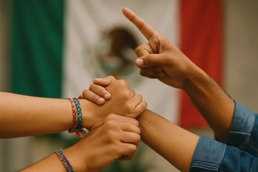 Manos unidas frente a la bandera de México