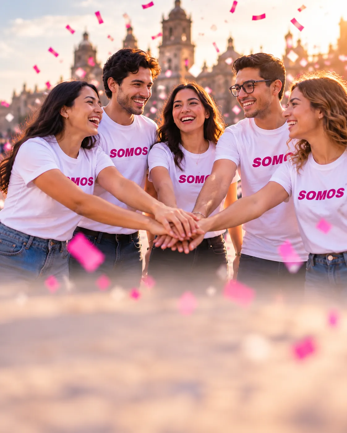 Jóvenes con playeras de Somos unen sus manos en una plaza pública