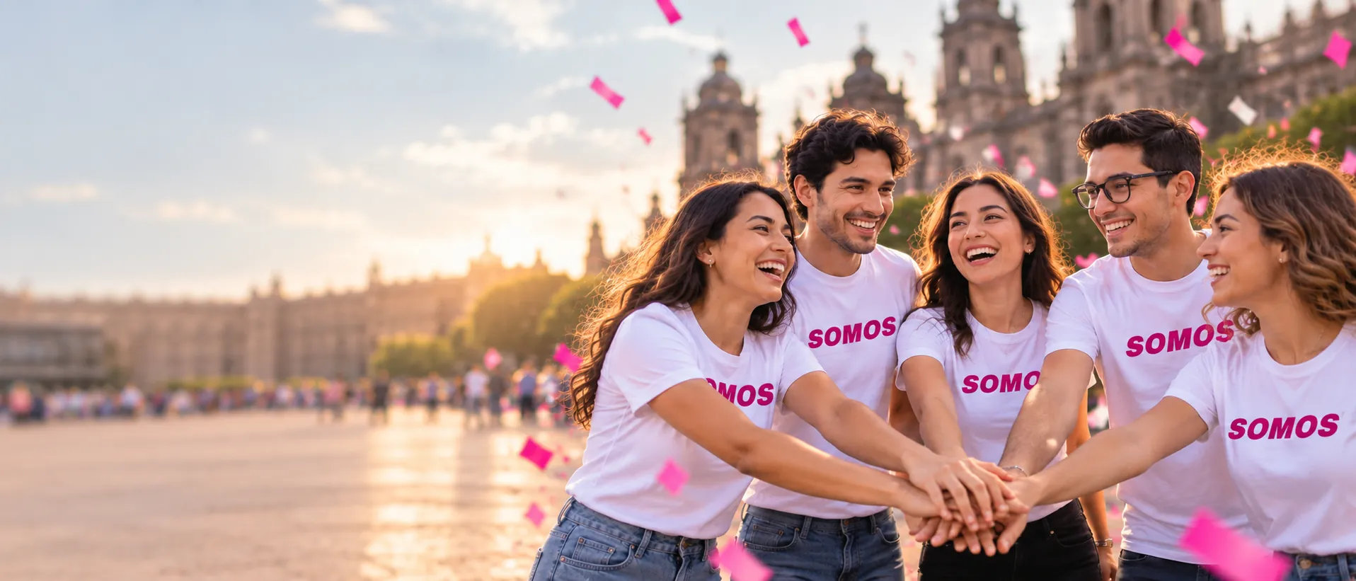 Jóvenes con playeras de Somos unen sus manos en una plaza pública